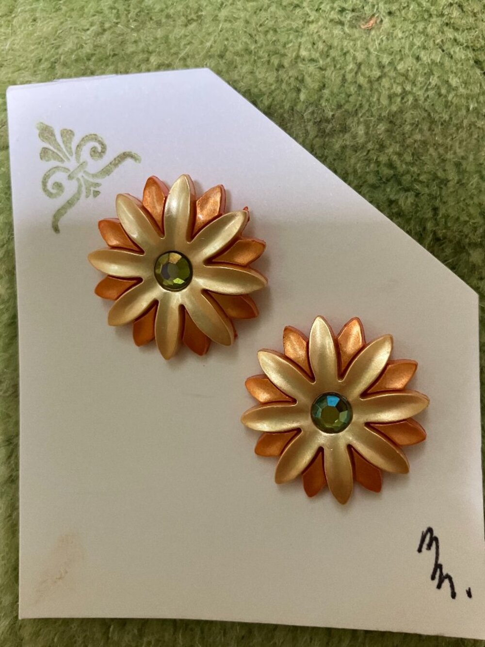 Handcrafted Pierced Earrings, Gold and Light Orange